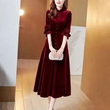 8911酒红色金丝绒连衣裙2024年春秋季新款女装高端大牌气质晚礼服