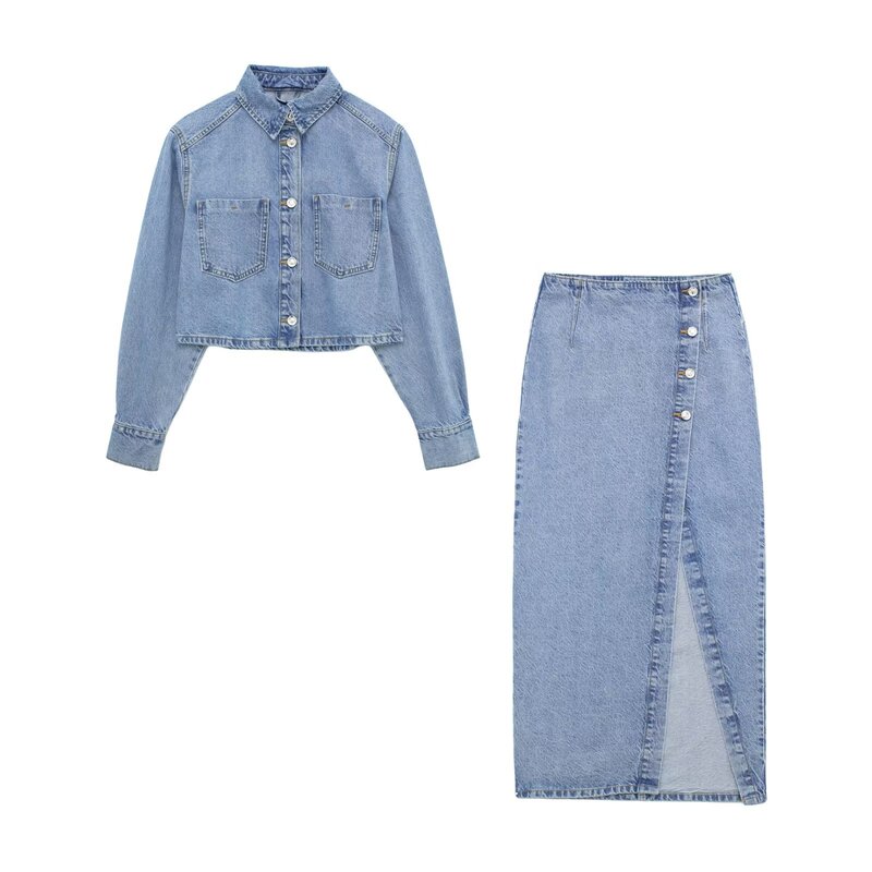 2023 New Summer Cross-Border Women's Pure Color Short Denim Jacket + Two-Color High-Waisted Slit Skirt