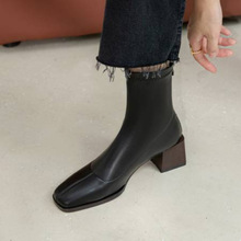 法式2025秋冬新款复古方头粗跟裸靴真皮后拉链瘦瘦靴单靴短靴女潮