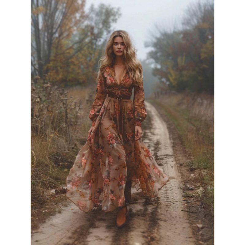 2024 European and American Women's Clothing Independent Site Amazon Long-Sleeve Digital Print V-Neck Long Dress Dress 2024 European and American Women's Clothing Independent Site Amazon Long-Sleeve Digital Print V-Neck Long Dress Dress