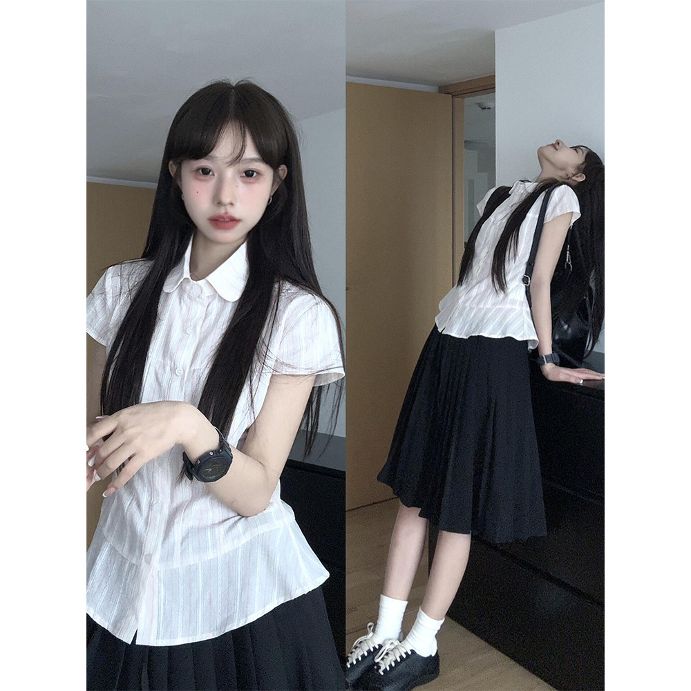 日系甜妹粉色短袖衬衫上衣女夏季简约百搭学院风小清新衬衣T恤