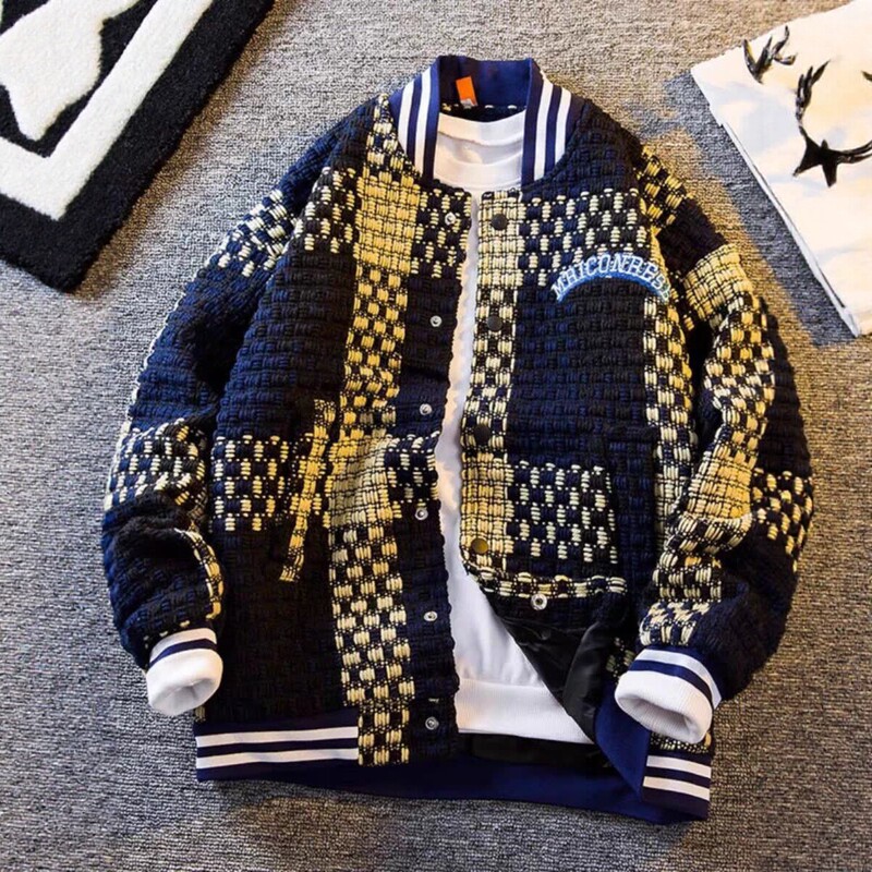 American Retro Woven Plaid Baseball Jacket for Men and Women, Spring and Autumn Style, Trendy High Street Brand, Cool and Stylish with a High-End Feel