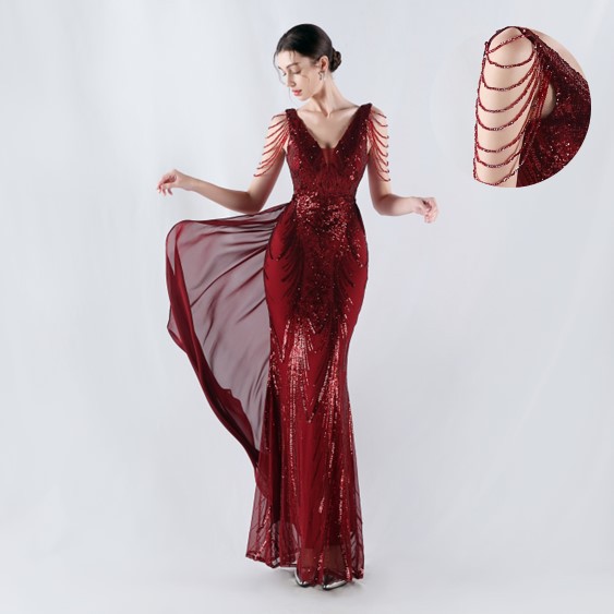 33061 # New Foreign Trade Dress with Floral Bead Embellishments and Cape, Custom Beaded High-End Evening Gown for Annual Party