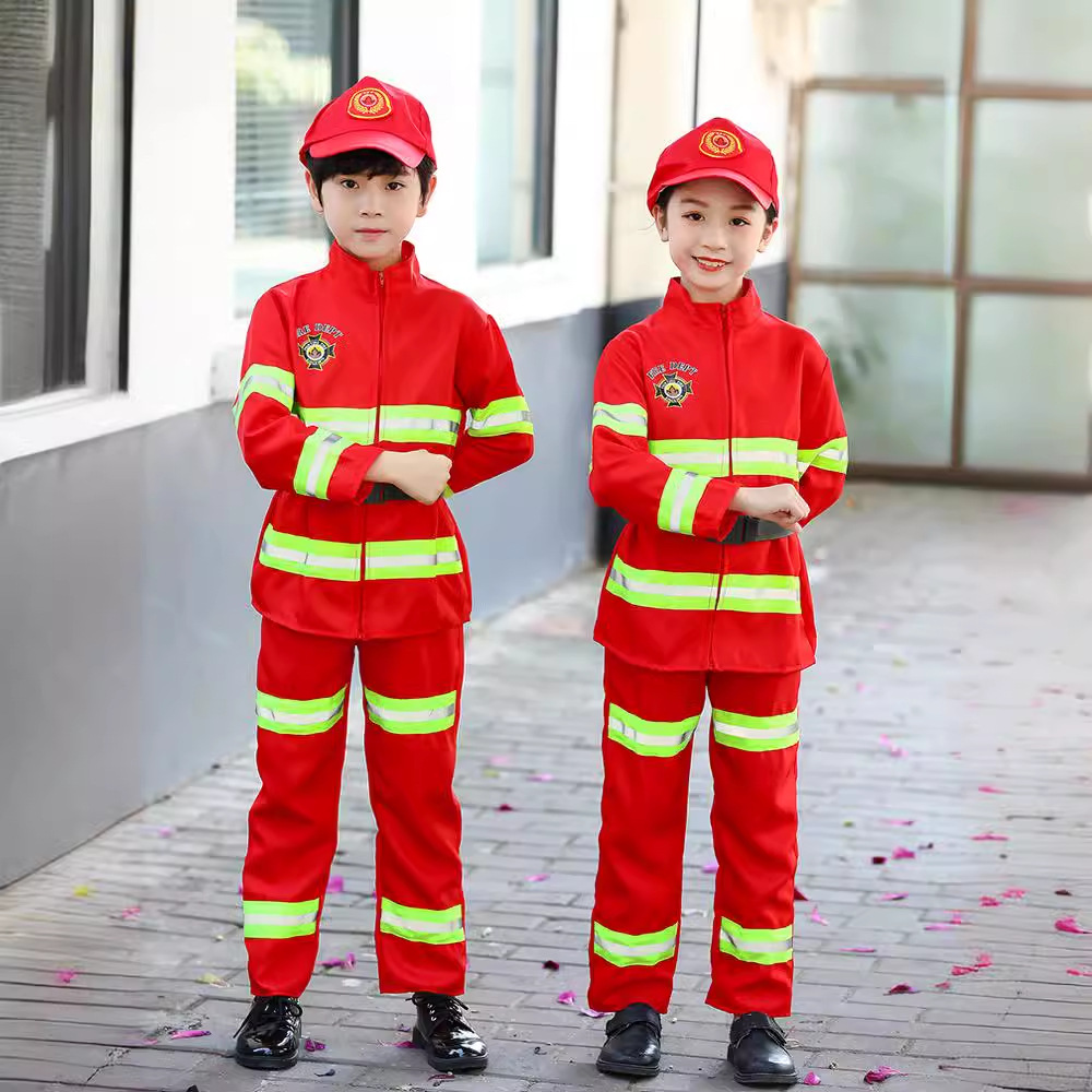 Disfraz de bombero para niños para el 1 de junio, traje de bombero para experiencia profesional, juego de rol en el jardín de infantes, disfraz de bombero para niños pequeños, medianos y mayores