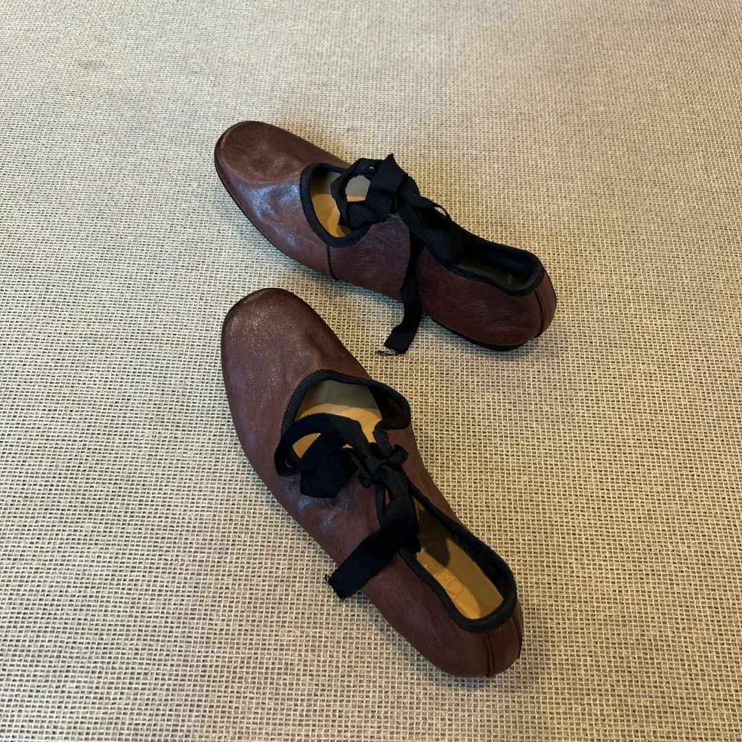 Sheepskin Retro Lace-Up Flat French Ballet Leather Soft Sole Bowknot Mary Jane Shoes For Dresses_vogvips.com