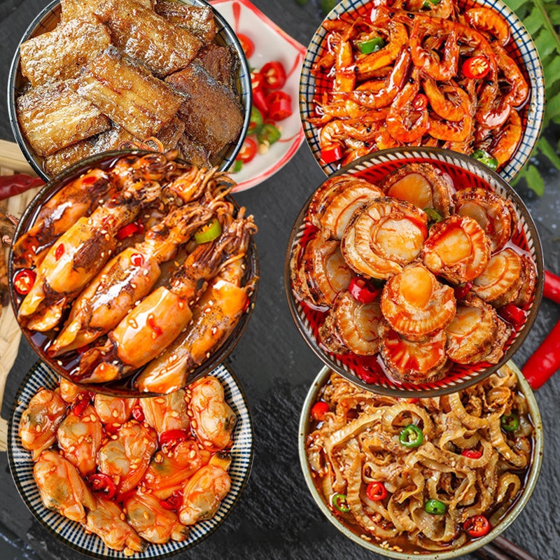 Spicy and spicy Seafood can precooked and ready to be eaten snacks snack octopus Headshot Oysters Shrimp tail Cooked Serve a meal