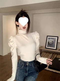 240克德绒    设计感小众泡泡袖T恤女打底衫内搭修身长袖上衣