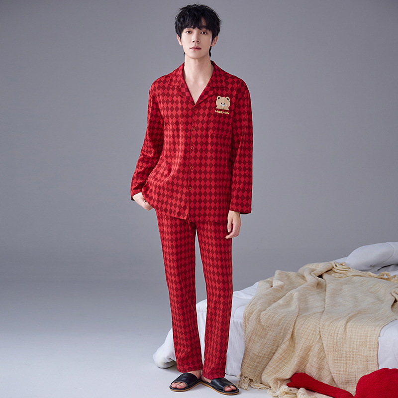 Pijama de hombre primavera y otoño de algodón rojo pantalones de manga larga para niños 2024 nuevo estilo de ropa de hogar de verano