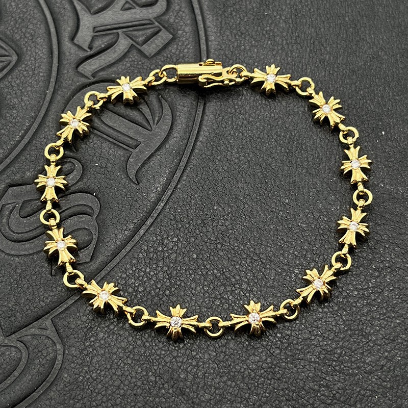 Trendy Jewelry Bracelet with Thin Cross Flower Inlaid with Diamonds for Men and Women Thai Silver Plated 22K Gold Bracelet European and American Buckle Bracelet Ins