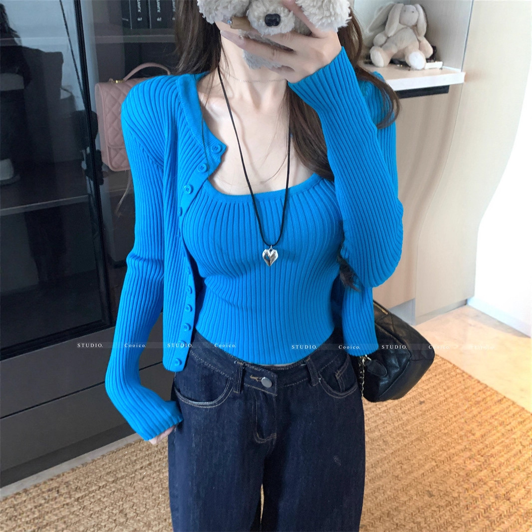 Song Zheng'En Peacock Blue Thin Sunscreen Knitted Cardigan Women's Autumn Solid Color Two-Piece Slim Short Tops Top