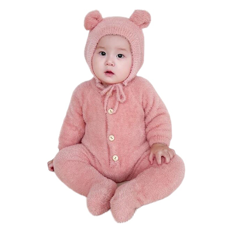 INS popular bebé otoño ropa niños y niñas bebé Super lindo Faux visón mameluco lindo oso bolsa pie mono mameluco