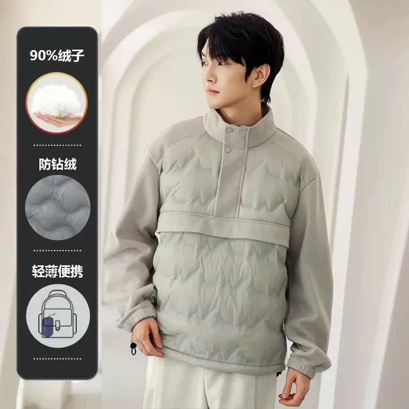 2025年防风立领半拉链鹅绒羽绒服男士冬季新款保暖休闲拼接上衣