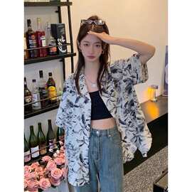 【四面弹印花】夏季新款短袖花衬衫洋气港风复古水墨宽松衬衣女