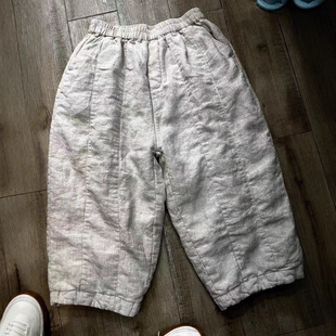 2024 autumn and winter new pure linen elastic waist quilted cotton washed thick boots pants cropped linen harem pants