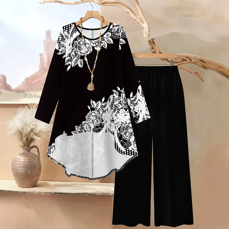 2026 Floral Print Suit for Women, Long-Sleeved, Asymmetrical Hem, Wide-Leg Pants, Casual Summer Plus Size