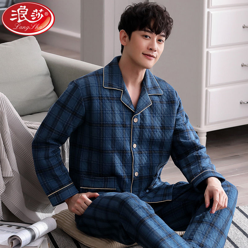 Pajamas de algodón para hombres otoño y invierno de algodón de mediana edad de tres capas de ropa de casa de primavera y otoño.