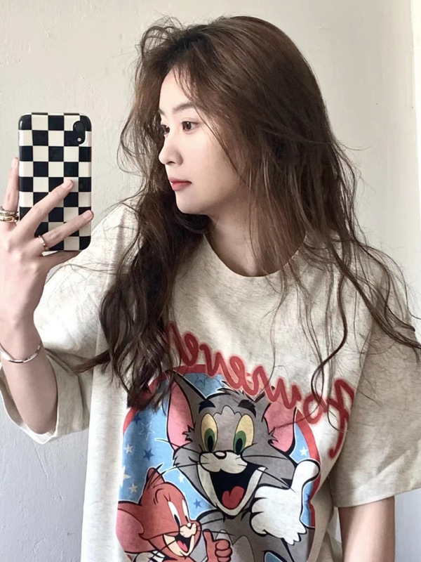American Retro Pure Cotton Chic Design Cartoon Tom and Jerry Round Neck T-Shirt Short-Sleeved Loose Top for Women Ins