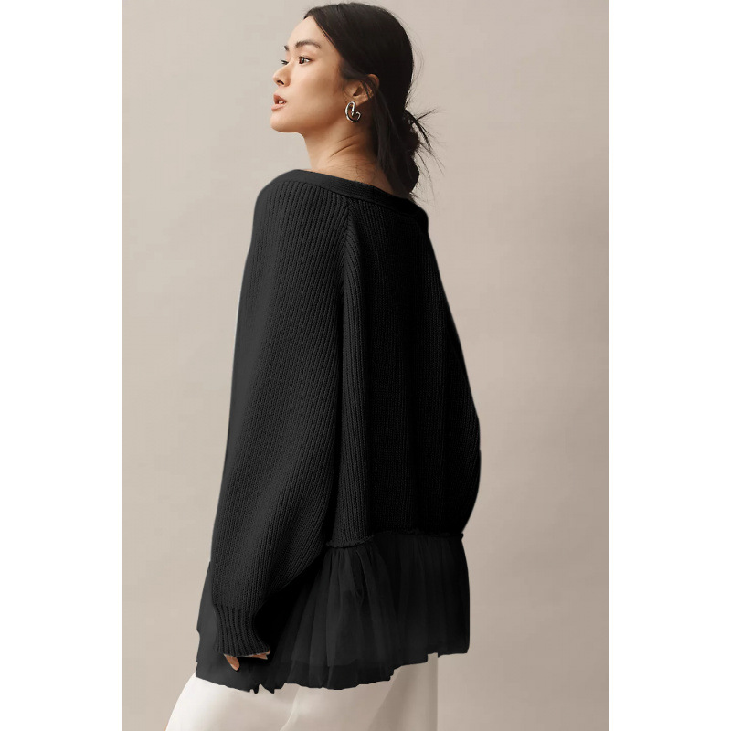 Gilet cardigan à volants en maille pour femme, manches longues, vente en gros_voghion.com