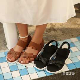 外贸新款编织带交叉厚底凉鞋女跨境学生松紧带露趾沙滩凉拖鞋wish