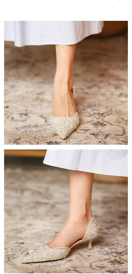 Giày cao gót nữ mũi nhọn đính đá pha lê, gót vừa 3–6 cm, miệng nông khoét lỗ — Màu hồng, Màu mơ chi tiết 7