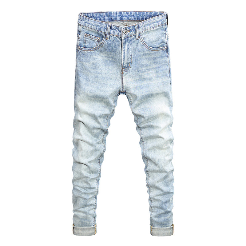Men's Slim Fit Vintage Washed Blue Jeans Distressed Skinny Denim Pants Faded And Ripped Details Streetwear Style_voghion.com