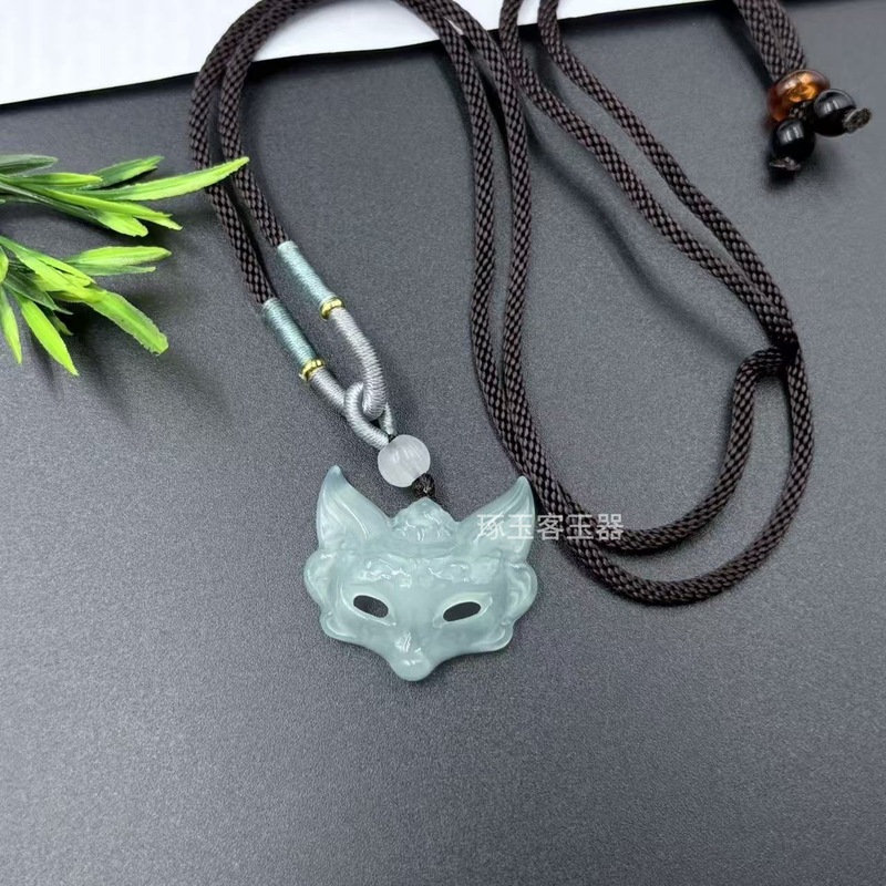 新款天然玛瑙玉髓狐狸面罩项链国风美学狐狸蓝玉髓吊坠玉石饰品|undefined