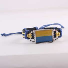 乌克兰西班牙国旗图片皮革手链批发复古手工蜡线编织国旗手环