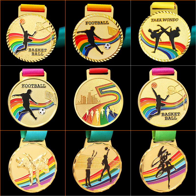 Medallas deportivas universales arcoíris al por mayor, medallas para maratón, voleibol, fútbol, medallas colgantes, medallas de bronce metálico, chapadas en oro.
