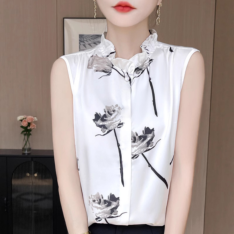 Half-High Collar Sleeveless Shirt for Women with Ruffled Edges, Loose Fit, Slimming, High-End Satin Base Layer Tank Top, Age-Reducing Top
