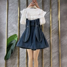 减龄气质多巴胺小个子耳朵牛仔背带短裤夏大码洋气设计显瘦连体裤