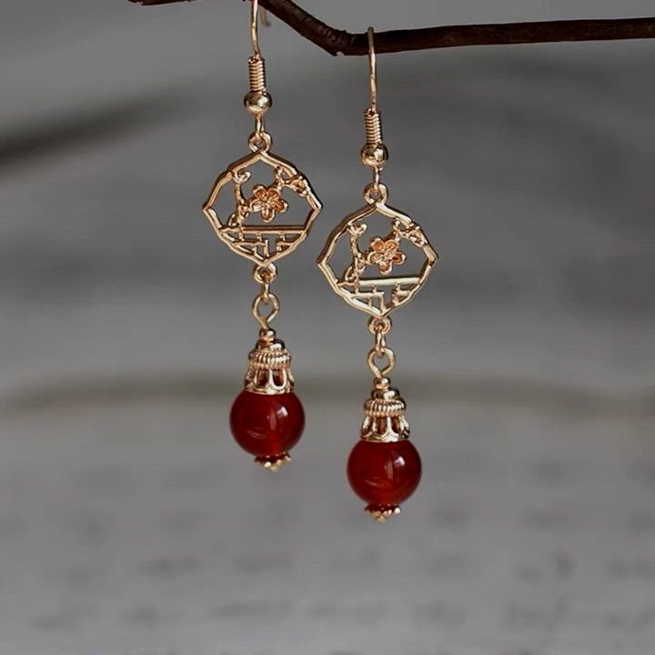 XIUHE 귀걸이 QINGFENG JIMING 송이 만든 한푸 레드 925 귀걸이 귀 클립 골동품 결혼식 청삼 긴 귀걸이