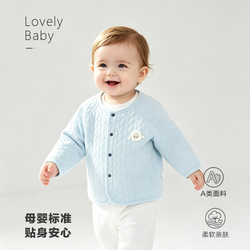 Class A Infant Warm Cardigan, Three-Layer Quilted Jacket for Spring, Autumn, and Winter, Versatile Baby Coat for Outings