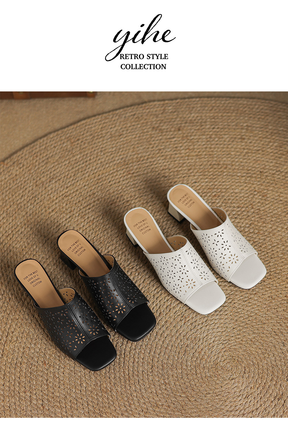 Sandal cao gót nữ hở mũi quai ngang da bò đục lỗ, gót 5 cm — đen chi tiết 13