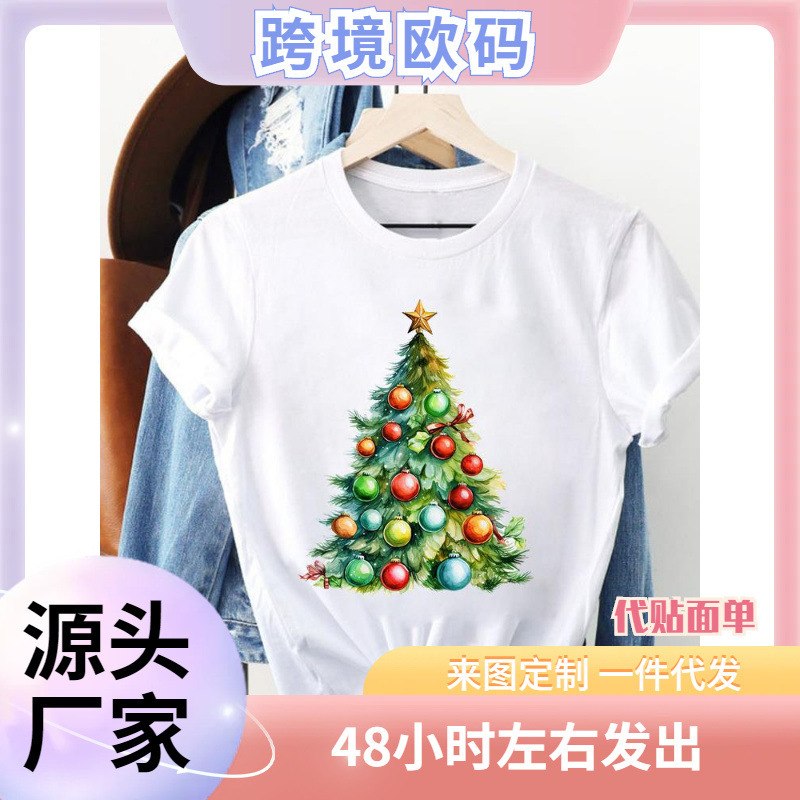 Short Sleeve Top T-Shirt Fashion Ladies Printed Clothing Star Tree Trend 90 s Merry Christmas Happy New Year Print