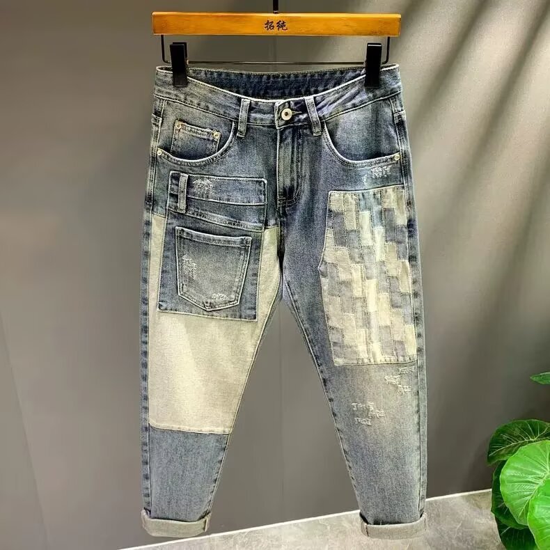 2026 New Ripped Jeans for Men, Korean Style Trendy Slim Fit Straight Pants with Elastic Splicing Design, Versatile Long Pants