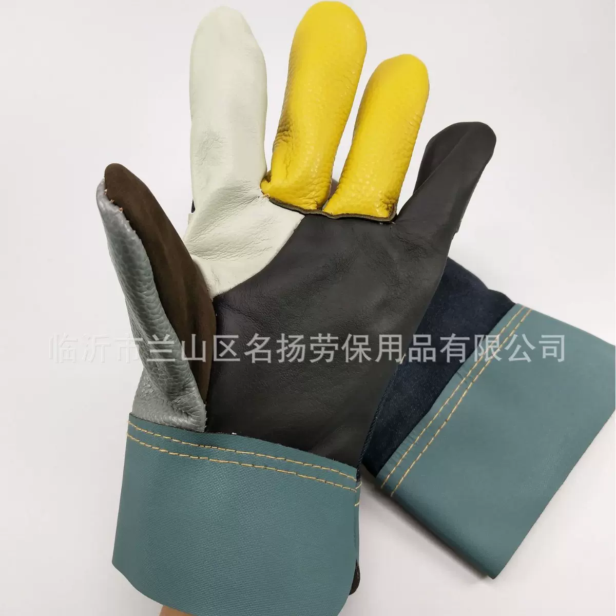 厂家批发杂色短款头层牛皮七彩牛仔布花皮分掌电焊分刀手套焊工