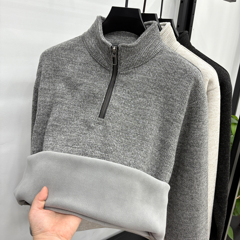 高档时尚休闲男士半高领毛衣秋冬装潮流休闲半拉链保暖针织衫外套