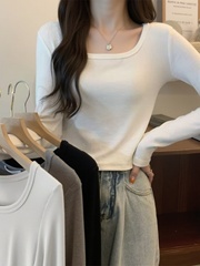 白色u领正肩打底衫女春秋季气质短款内搭长袖t恤小衫上衣低领修身