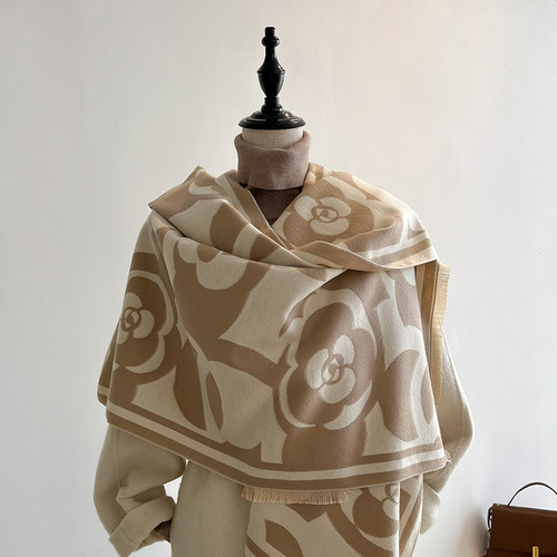 Camellia black and white elegant imitation cashmere scarf large square scarf for women European and American big-name outer shawl warm fashion scarf