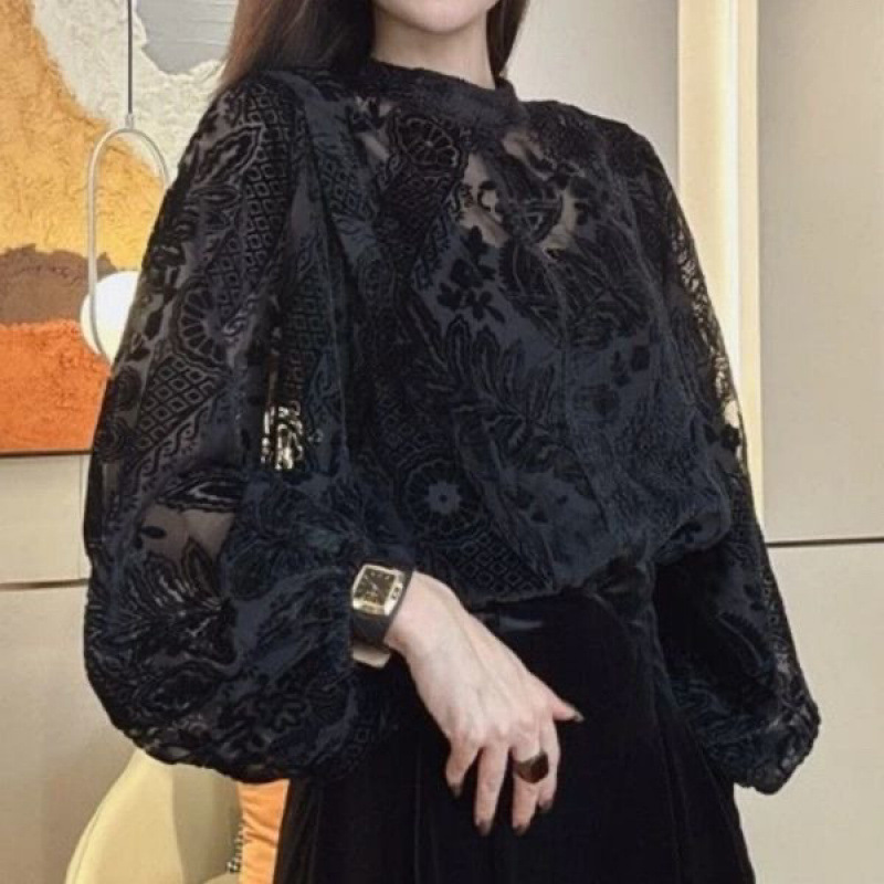 女性用リバーシブルレース長袖シャツ、高級気質、中空メッシュステッチ、植毛、年齢軽減ボトムストップ|undefined