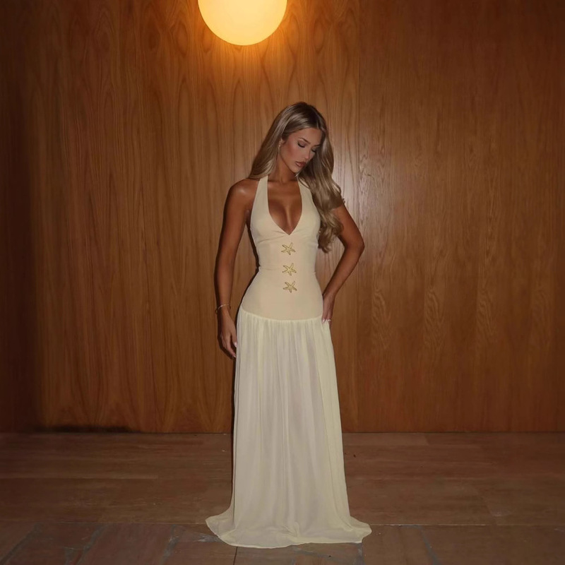 2025ins Amazon White Top Chiffon Stitching Starfish Decal V-Neck Vacation Daily Party Casual Jompon