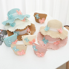 Fresh and Cute Cartoon Butterfly Children's Grass Hat Spring and Summer Sunshade Hat Vacation Beach Hat Bag Set of Two