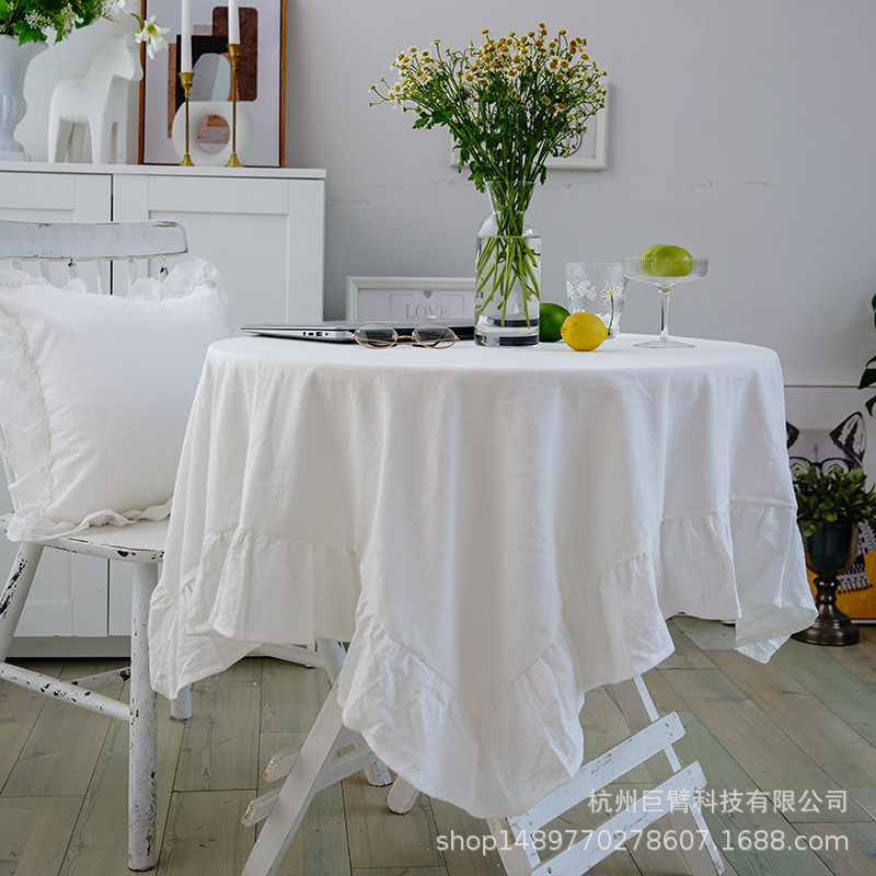 ins Internet Celebrity Pleated Cotton Ruffled Tablecloth White Lace Photographic Background Cloth Fresh Girl Heart Round Table Tablecloth