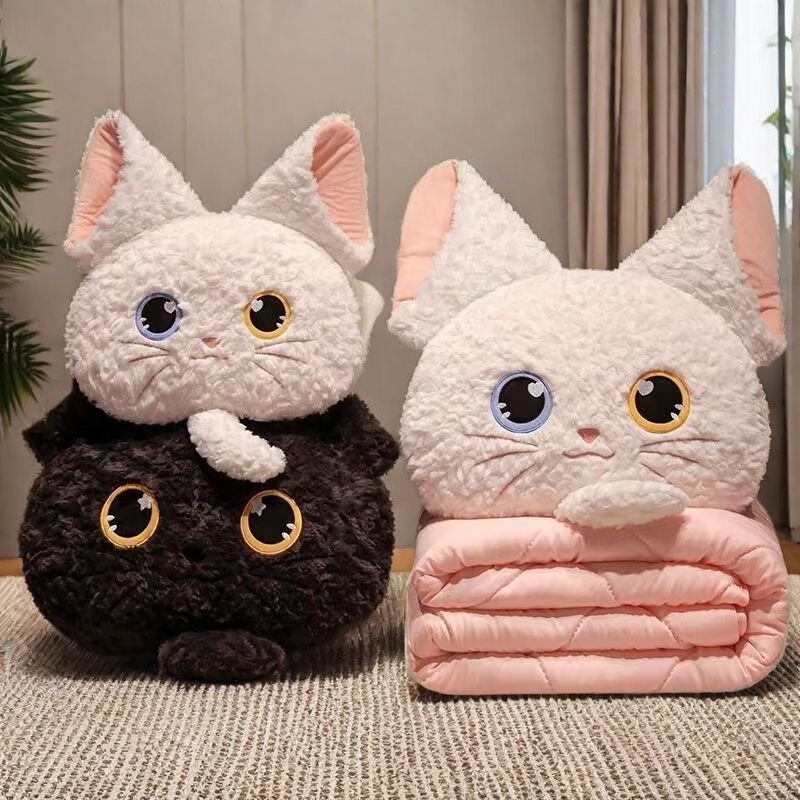 High-Appearance Value Dual-Use Pillow and Quilt, Cartoon Cat Design, Office Sofa Cushion, Machine Washable, Custom-Made