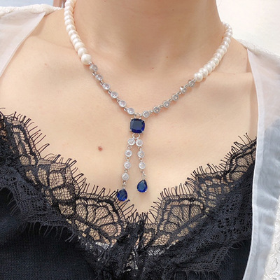 天然淡水珍珠项链女百搭锁骨链批发气质蓝宝石色搭配时尚饰品精美