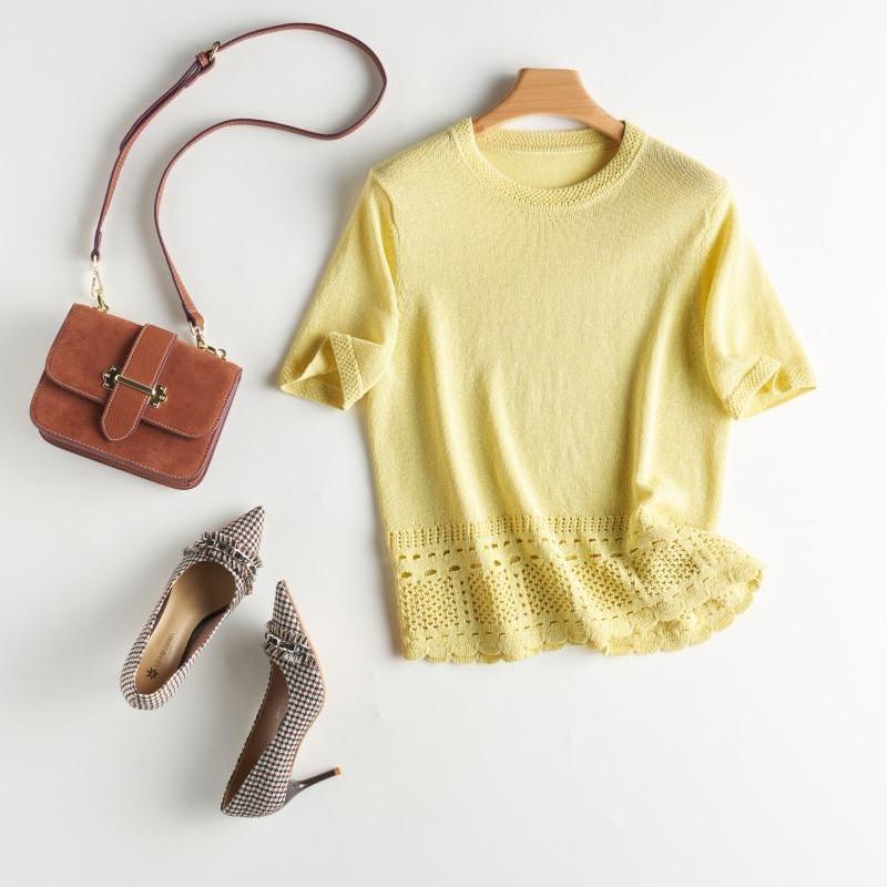 Lightweight 0 Pressure ~ Comfortable Wide-Brimmed Round Neck Hem Cut Out Pure Color (Washi Yarn) Half-Sleeved Shirt Lace T-Shirt for Women