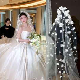 头纱重工花朵头纱新娘结婚主婚纱头饰甜美超仙高级感森系影楼拍照