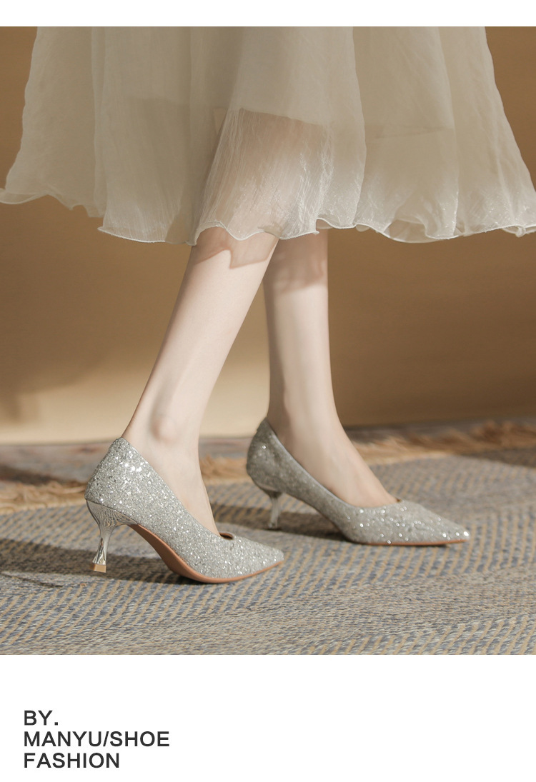 Giày cao gót mũi nhọn sequin lấp lánh CG6018 – miệng nông, gót nhọn — Màu Sâm panh chi tiết 11