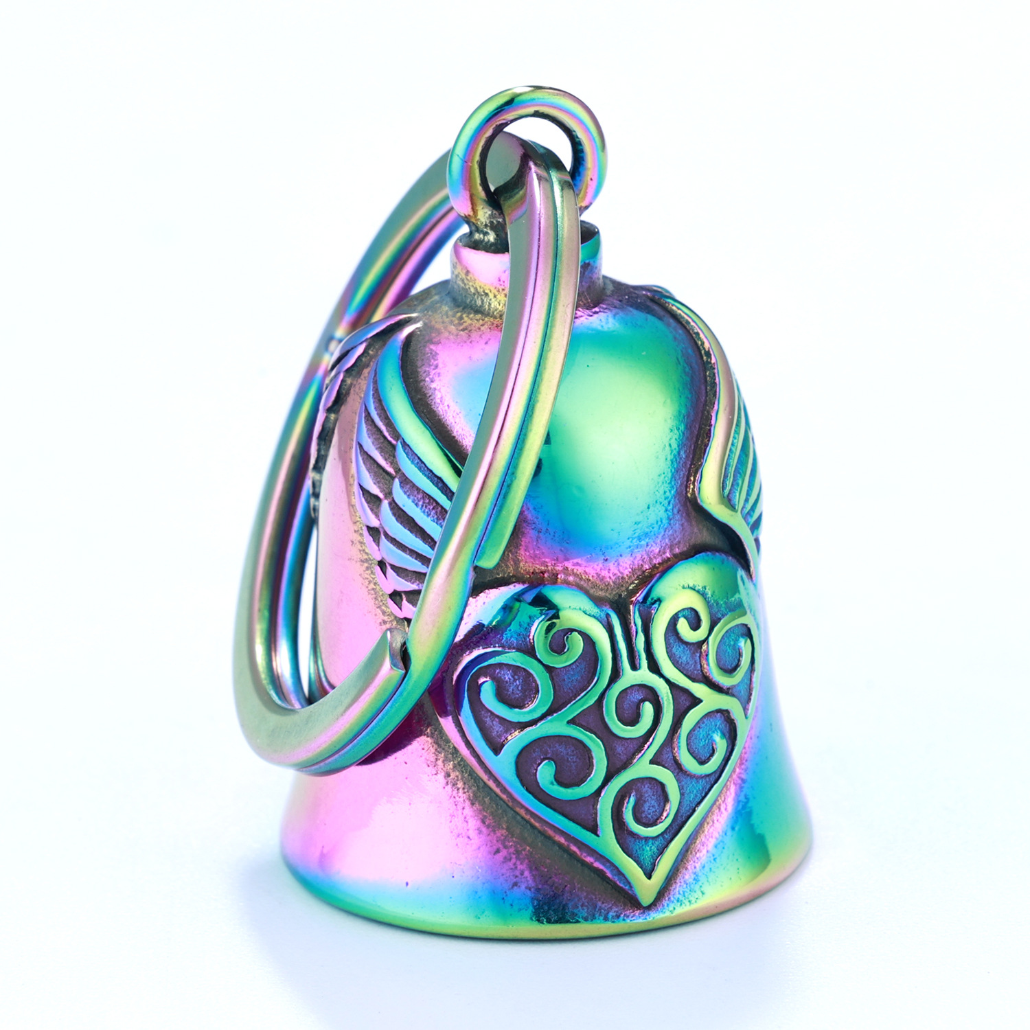 Campana de ala en forma de corazón de acero inoxidable, estilo europeo y americano, personalizada, retro, negra, para motocicleta, con diseño de ángel de la guarda.