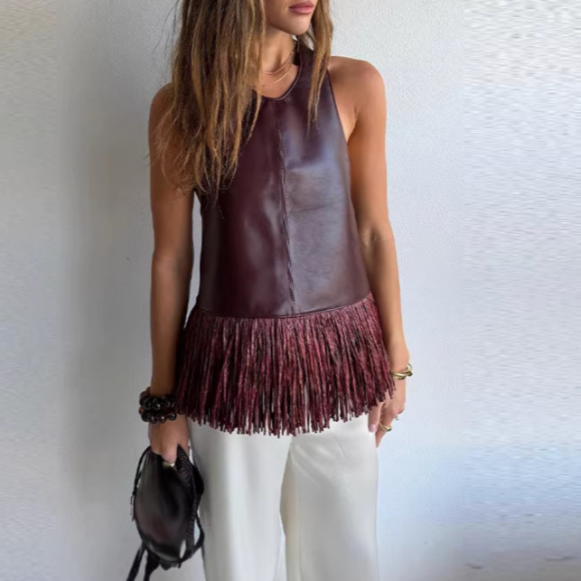 Cross-Border Amazon 2026 Spring/Summer New Women's Short-Sleeve Sexy Hot Girl Leather Tassel Short Camisole Cross-Border Amazon 2026 Spring/Summer New Women's Short-Sleeve Sexy Hot Girl Leather Tassel Short Camisole